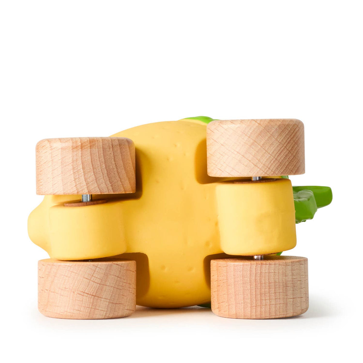 Yellow toy truck with wooden wheels on a white background