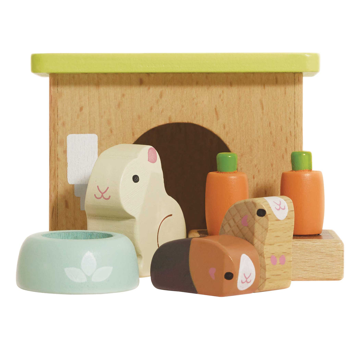 Wooden toy set with animal figures and a house on a white background