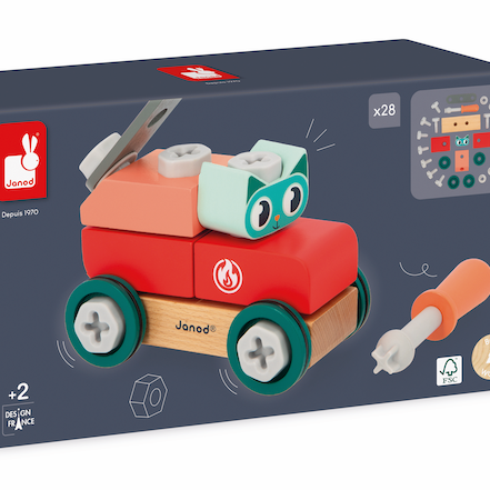 Box packaging of a wooden toy set with colorful design elements.