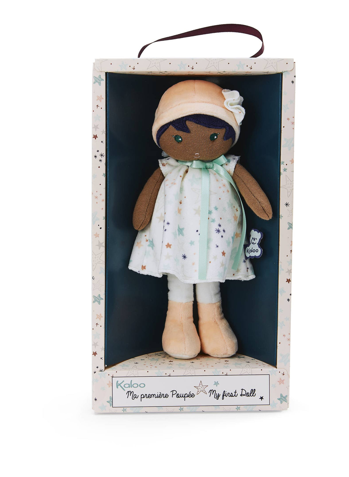Stuffed doll in a box with a white background