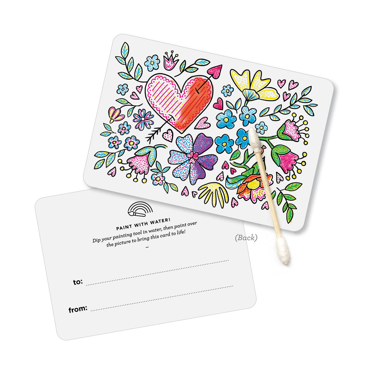 Colorable card with a heart and flowers, including a paintbrush and water bottle.