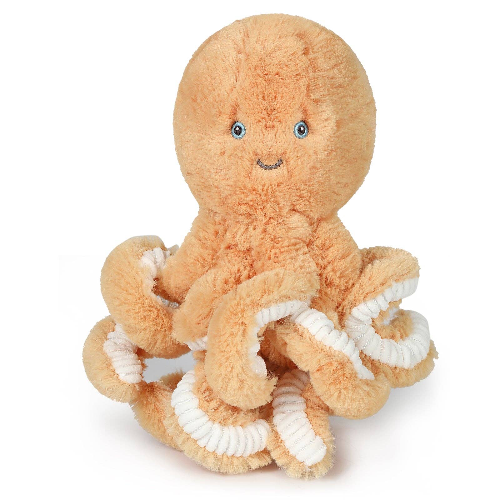 Plush octopus toy with a smiling face on a white background