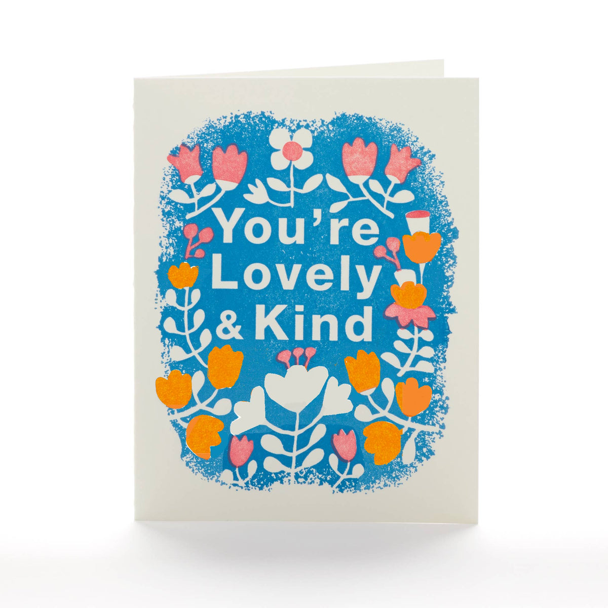 Greeting card with floral design and text 'You're Lovely & Kind' on a white background