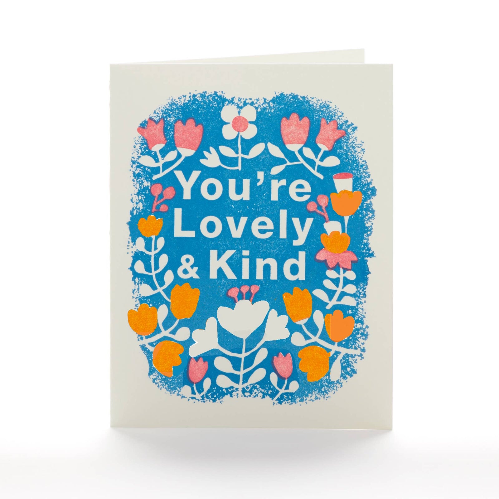 Greeting card with floral design and text 'You're Lovely & Kind' on a white background