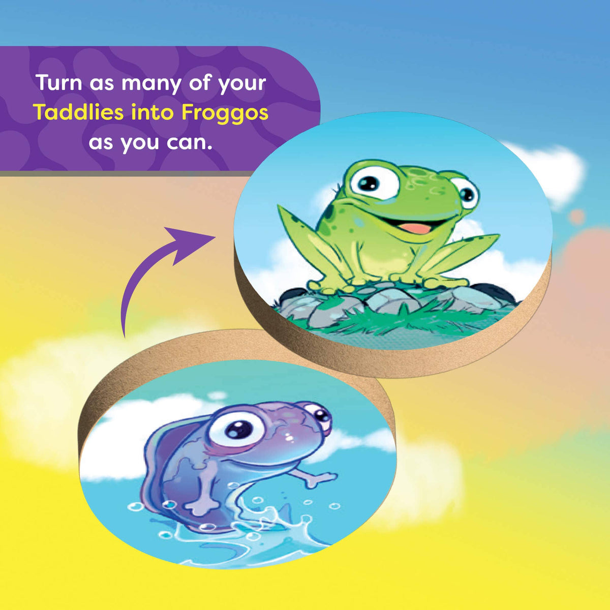Game card with cartoon frog and tadpole characters on a colorful background