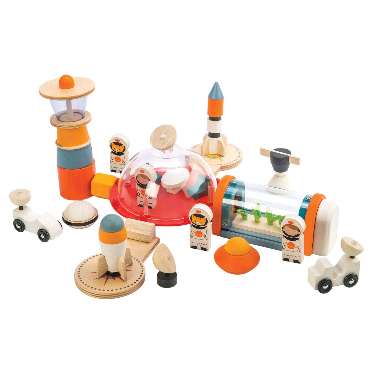 Wooden toy set with space-themed elements on a white background