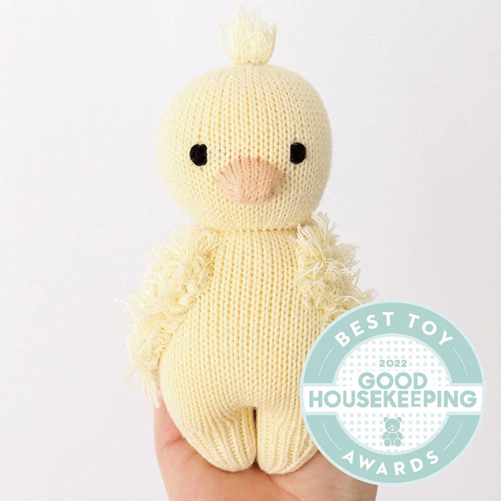 Knitted toy duck held by a hand with Good Housekeeping Award badge on a white background