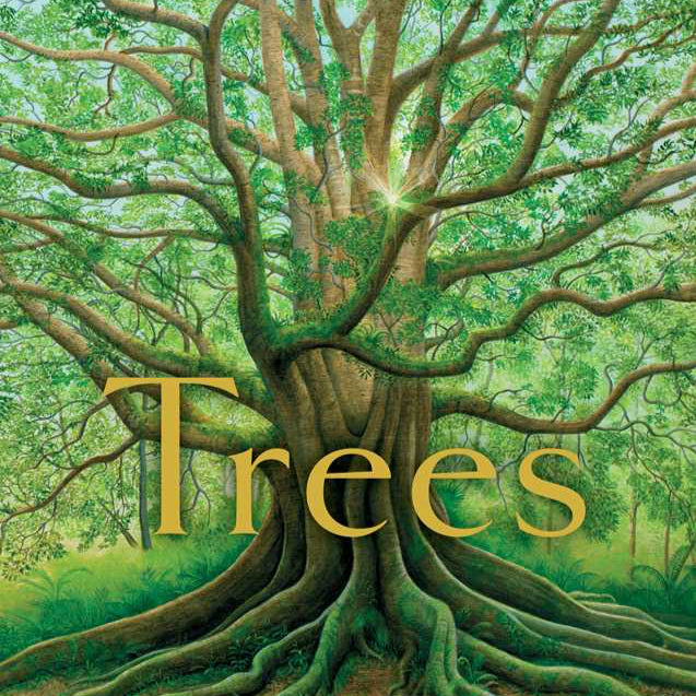 Illustration of a large tree with the word 'Trees' in gold text.