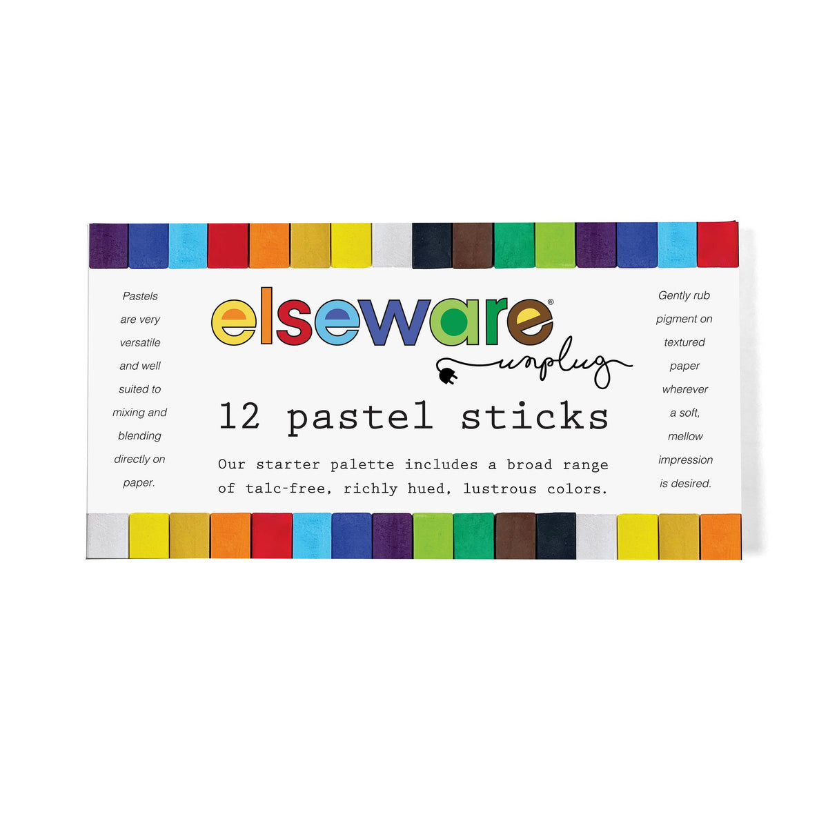 Packaging of elseware unplugged 12 pastel sticks with colorful pastel sticks displayed on a white background.