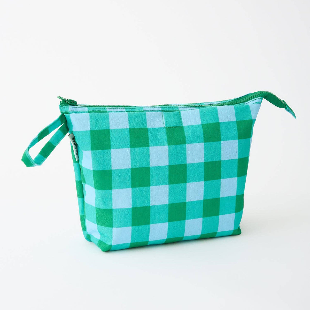 A green and light blue gingham check  pouch with a zipper closure and carrying loop, shown on a plain white background.