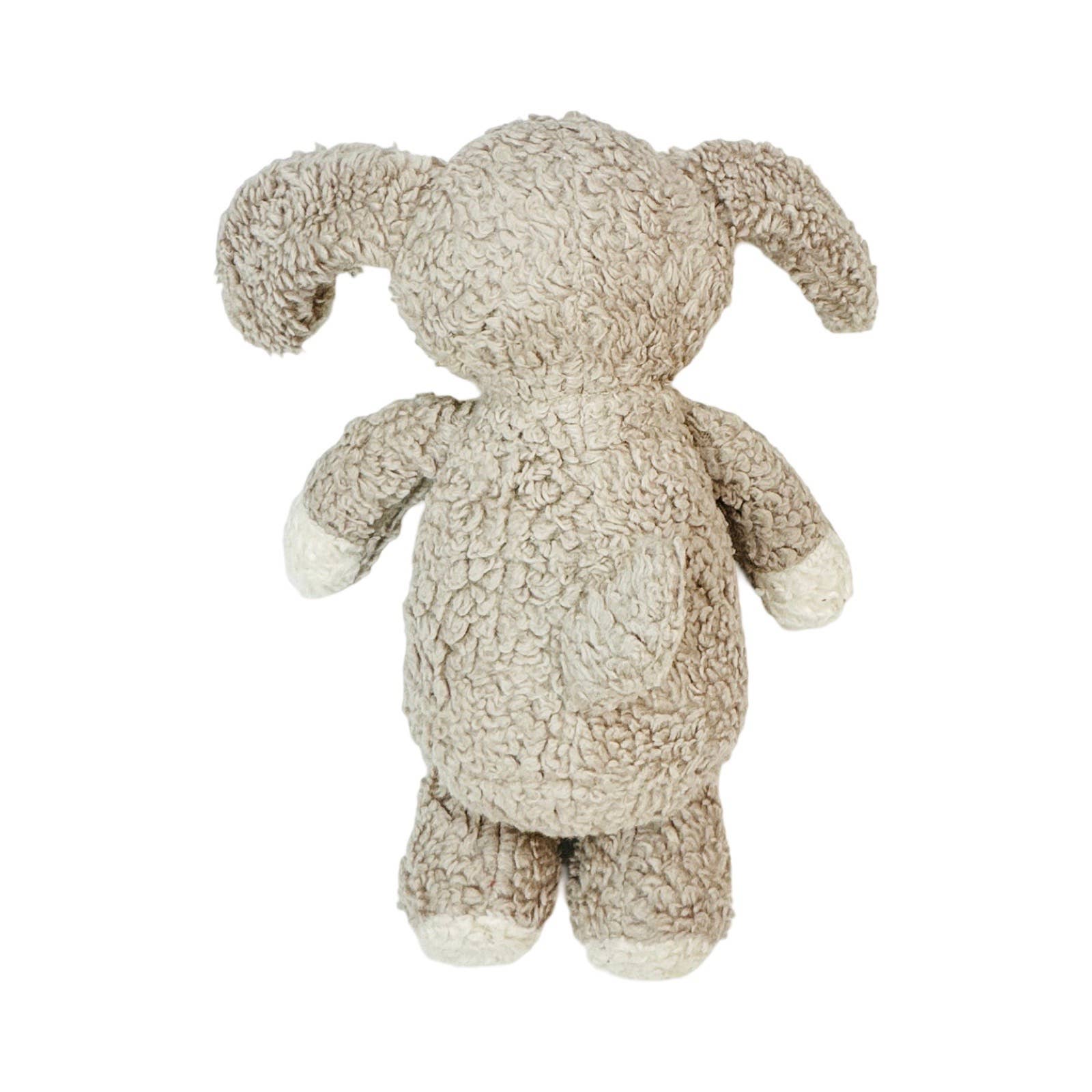 Plush toy dog with a white face and brown body on a white background