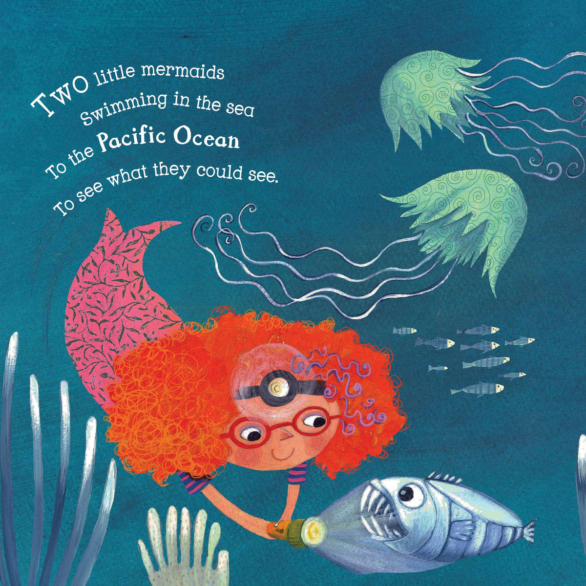 Illustration of mermaids and fish in an underwater scene with text.