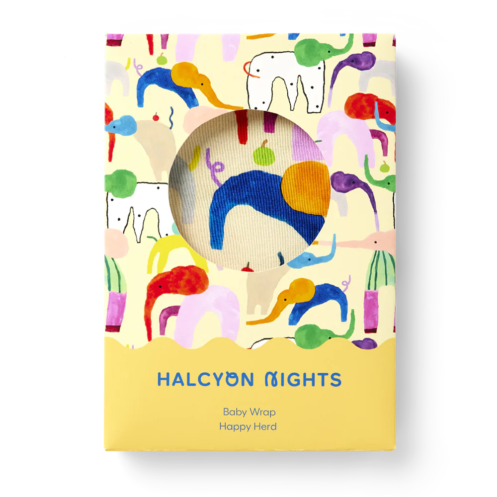 Baby swaddle packaging with Halcyon Night Happy Herd print