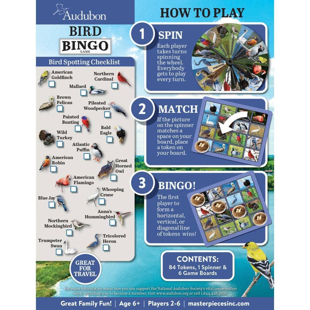 Audubon Bird Bingo game set with instructions and bird illustrations on a blue background
