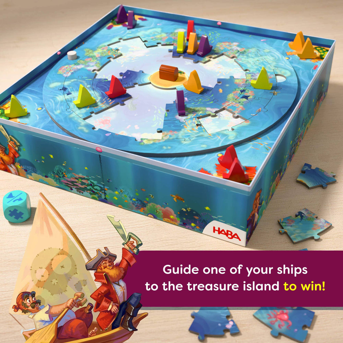 Children's board game with colorful ships and treasure island design, featuring HABA brand.