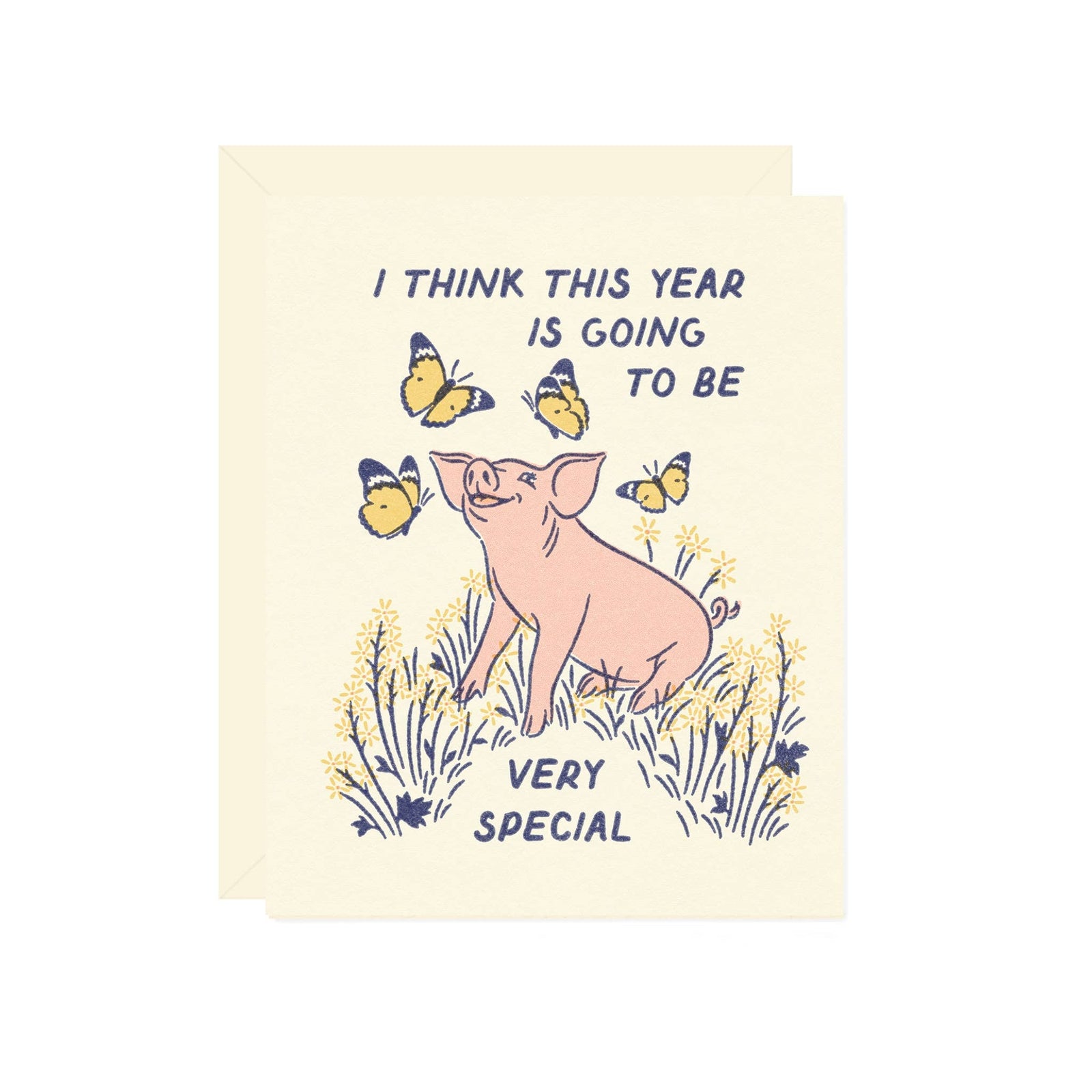 Card with a pig illustration and text 'I think this year is going to be very special' on a beige background.