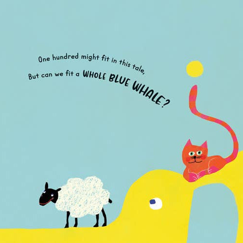 Illustration of a blue whale, sheep, cat, and other animals on a blue background with text.