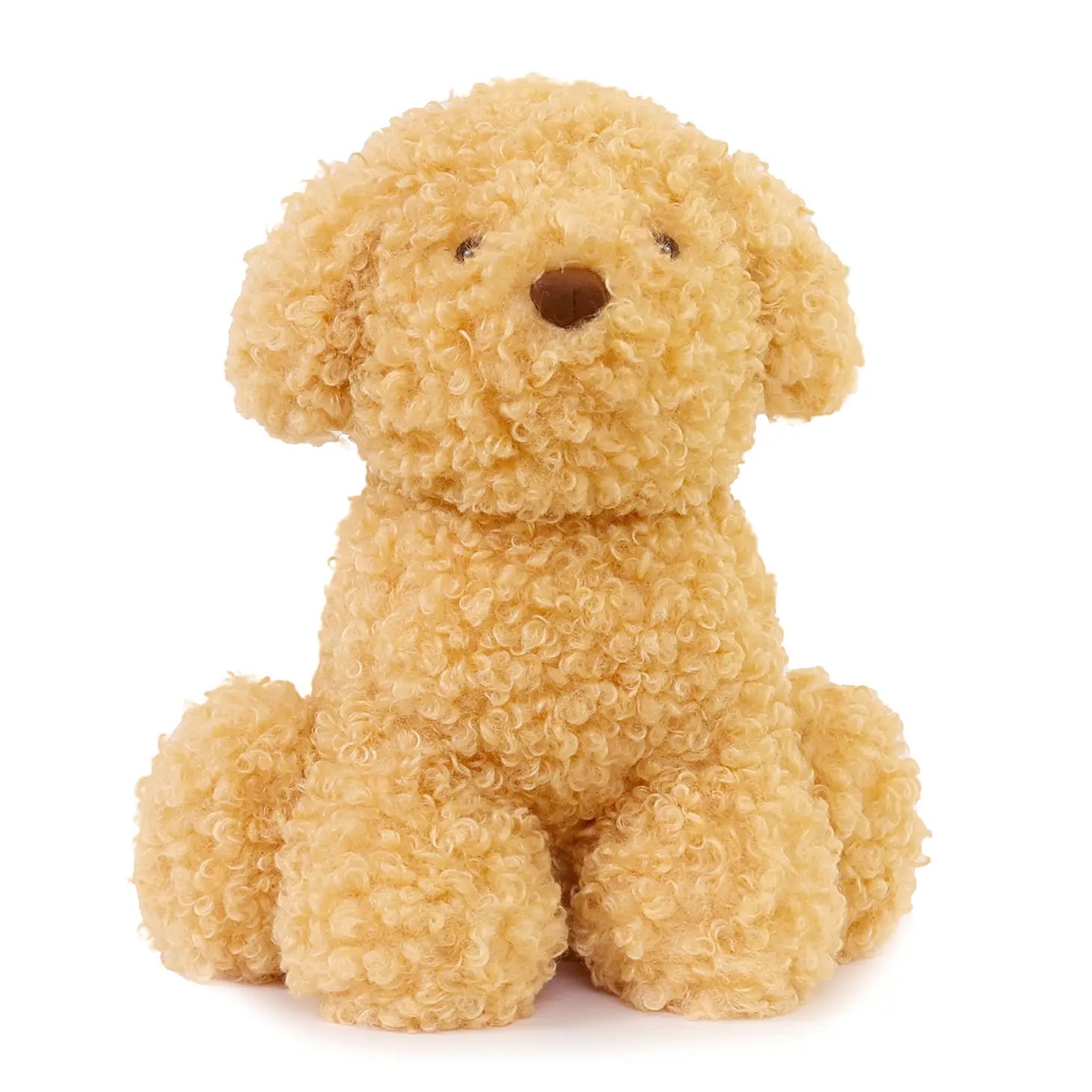 A child holding a beige plush toy designed to look like a labradoodle dog.