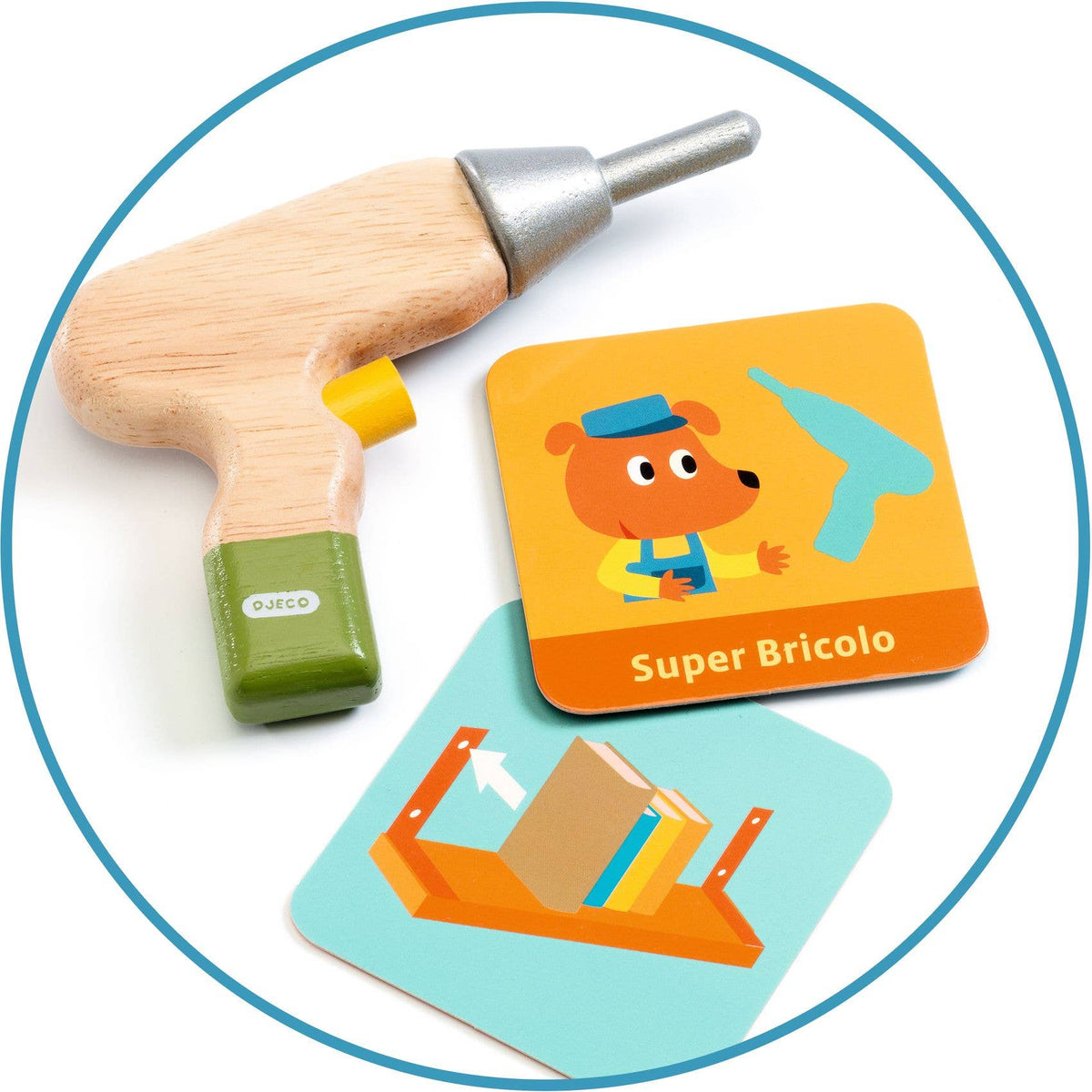 Toy drill and cards with cartoon character and tools on a white background