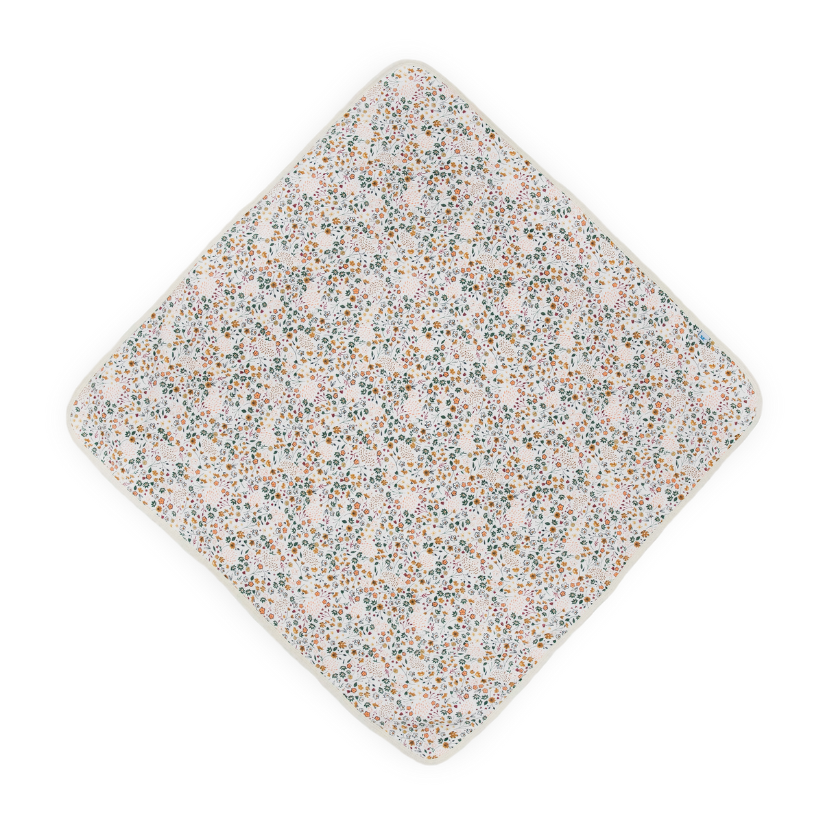 An infant towel with rounded corners, featuring a dense multicolor floral and dot pattern on a white background, photographed from a top-down angle on a solid white background.