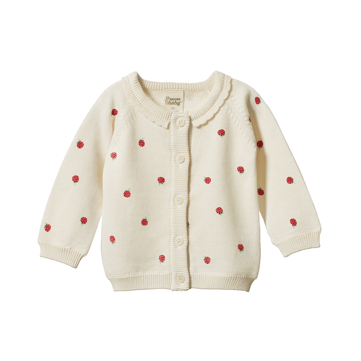 Cream-colored cardigan with red berry patterns on a white background