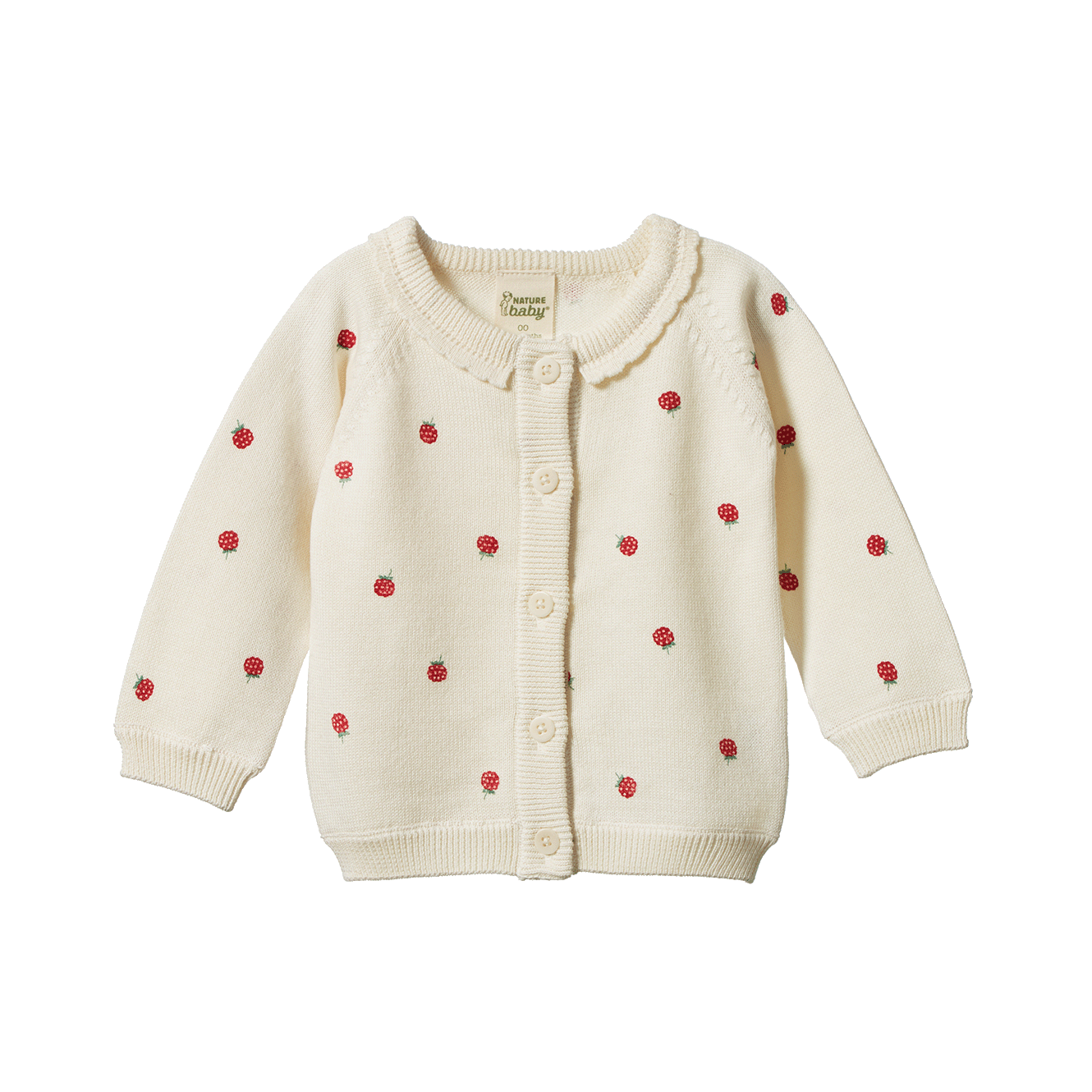 Cream-colored cardigan with red berry patterns on a white background