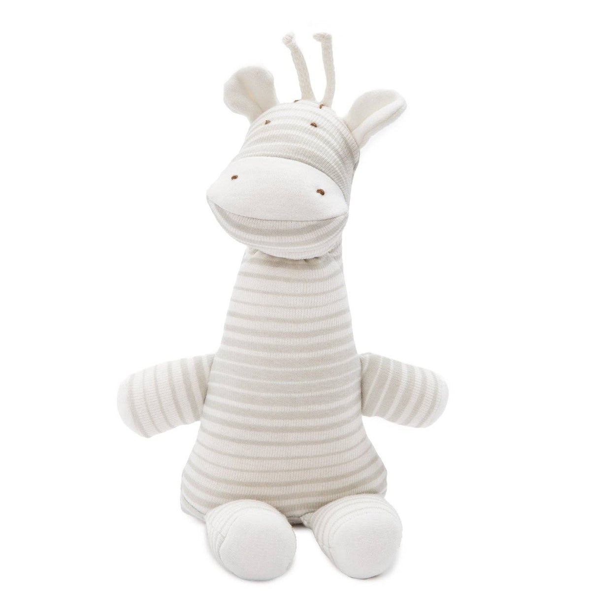 Stuffed giraffe toy with a striped pattern on a white background
