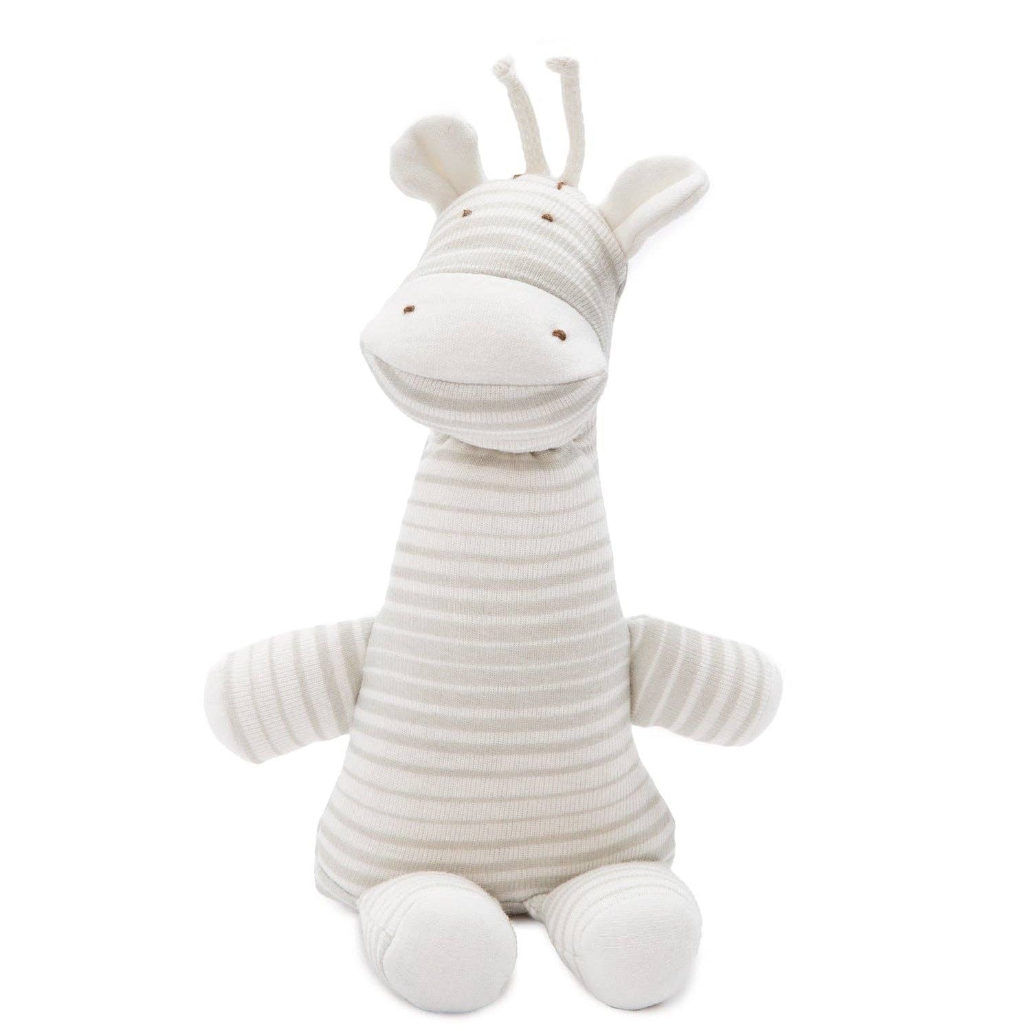 Stuffed giraffe toy with a striped pattern on a white background
