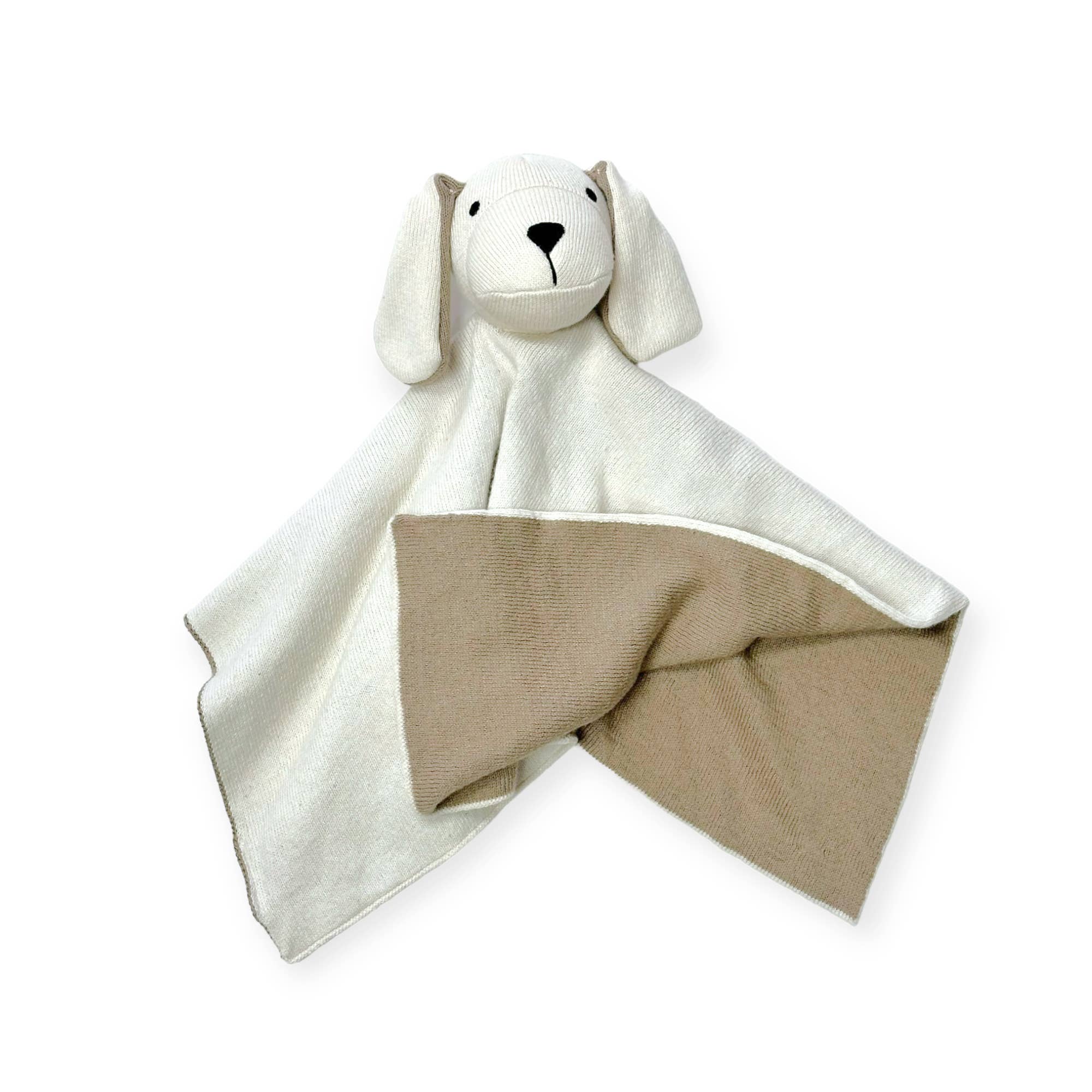 White dog-shaped comfort blanket with a brown interior on a white background