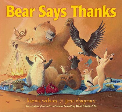 Book cover of 'Bear Says Thanks' with a bear and other animals around a campfire.