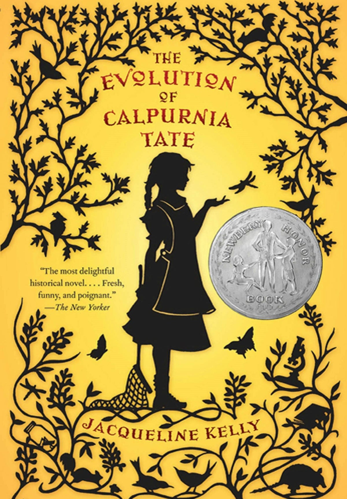 Book cover of 'The Evolution of Calpurnia Tate' with a silhouette of a girl and nature elements on a yellow background.