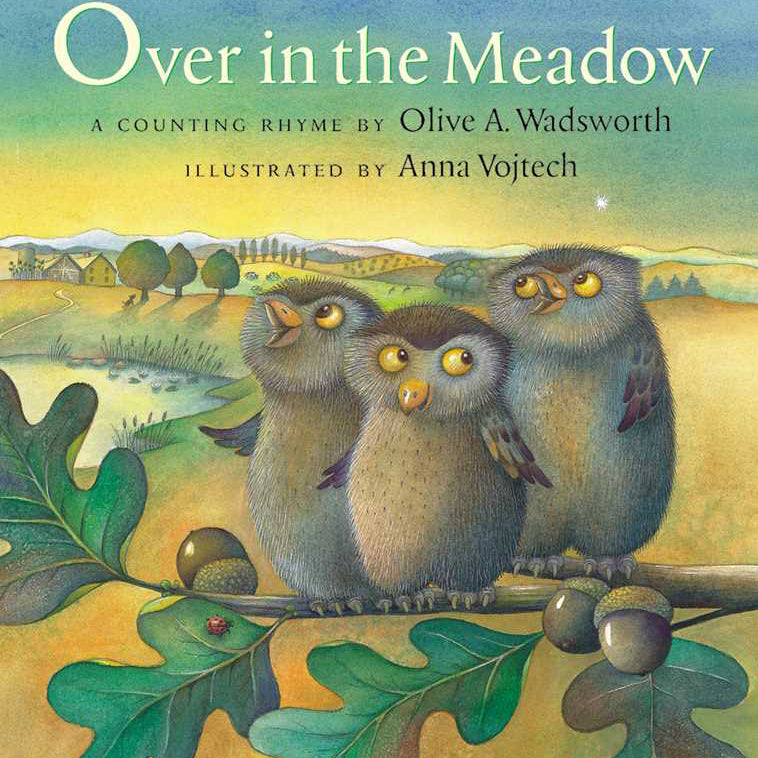 Book cover of 'Over in the Meadow' with three owls on a branch and a meadow background.