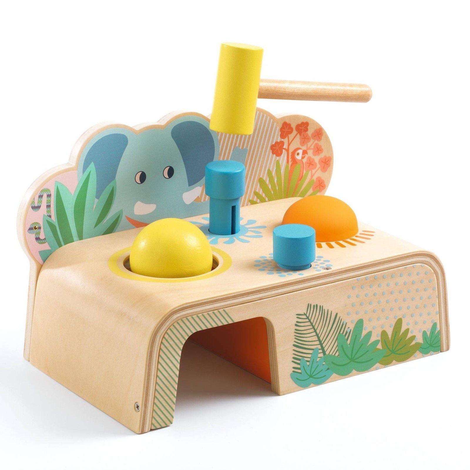 Wooden toy with colorful shapes and an elephant design on a white background