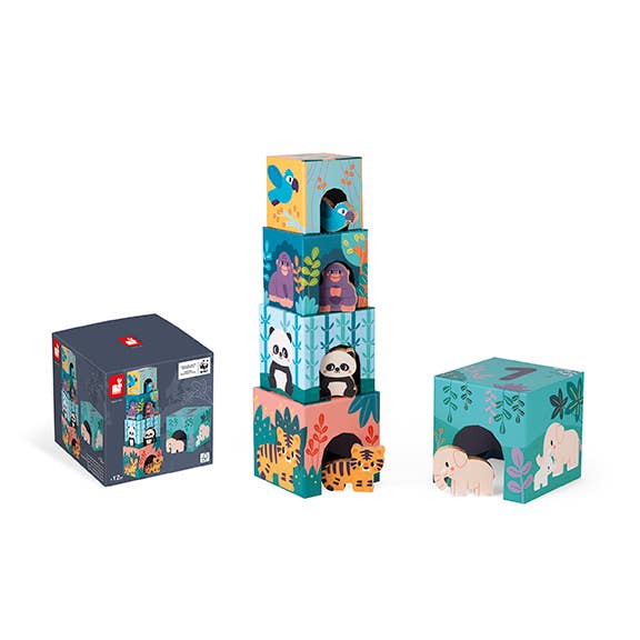 Stack of colorful children&#39;s building blocks with animal illustrations on a white background