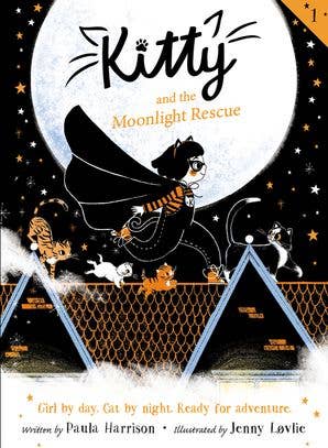 Book cover of 'Kitty and the Moonlight Rescue' with a cat character and moon in the background.