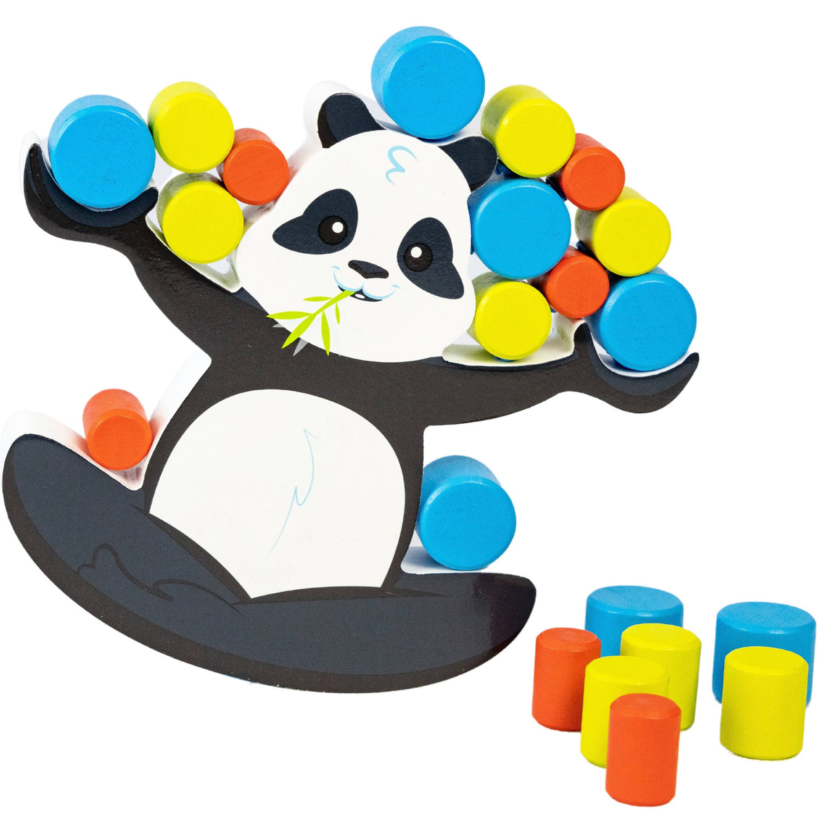 Panda-shaped toy with colorful cylindrical blocks on a white background