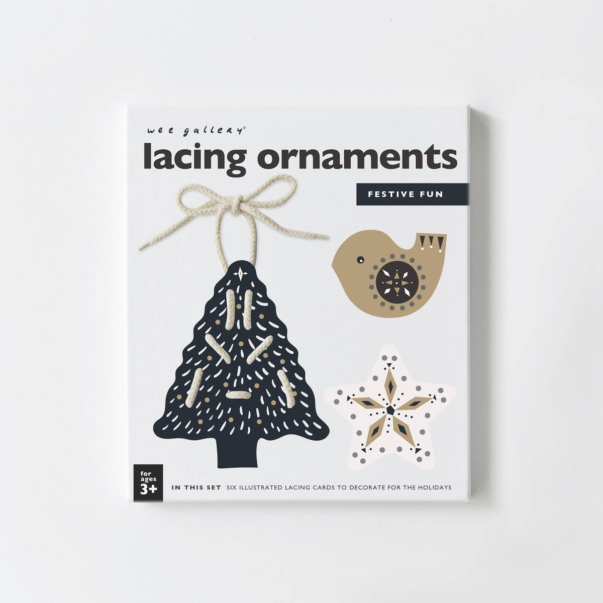 Packaging of 'Lacing Ornaments' with decorative elements on a white background
