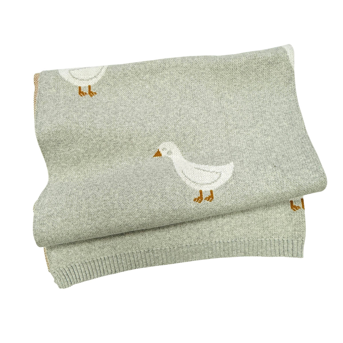 Folded green blanket with a duck design on a white background