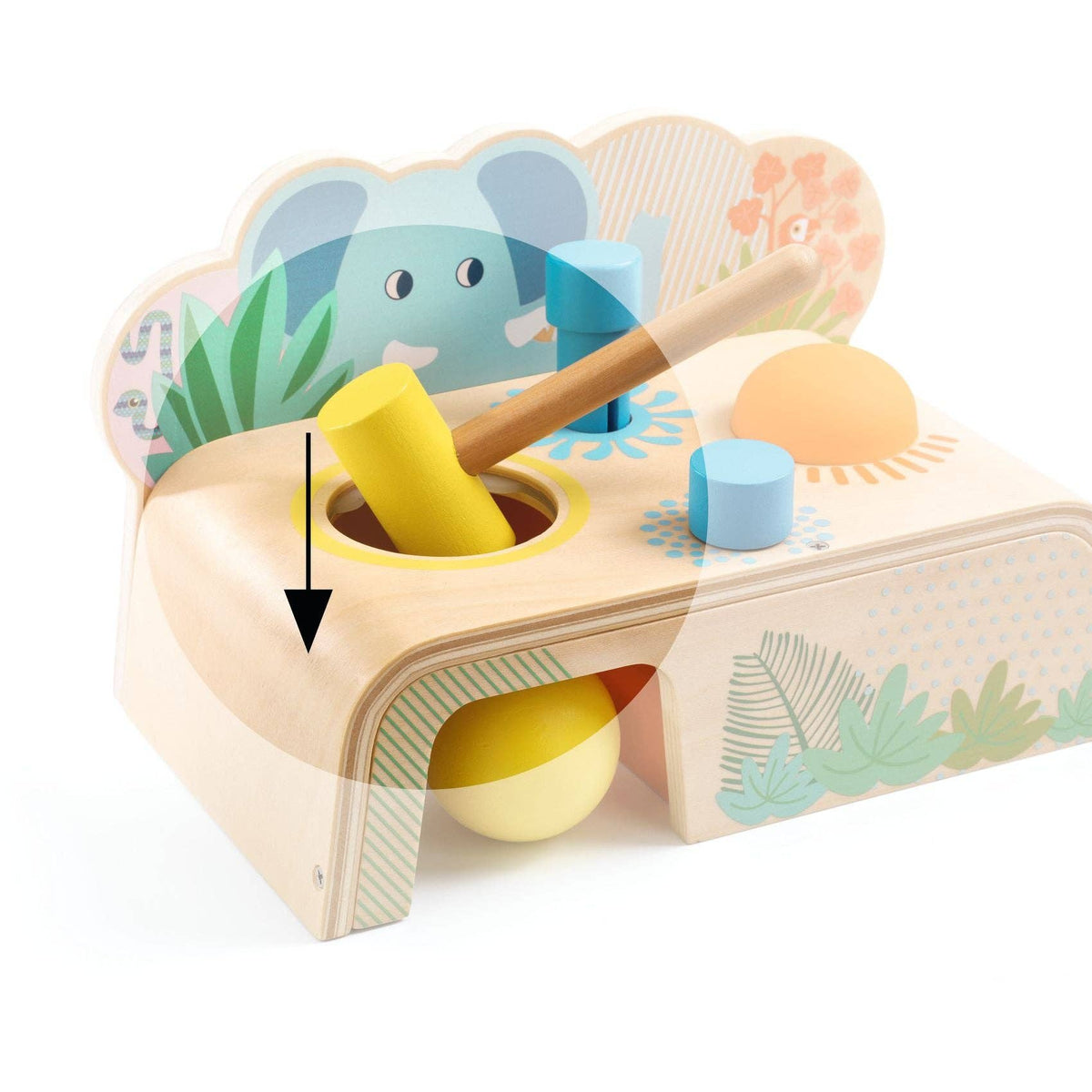 Wooden toy with colorful shapes and an elephant design on a white background