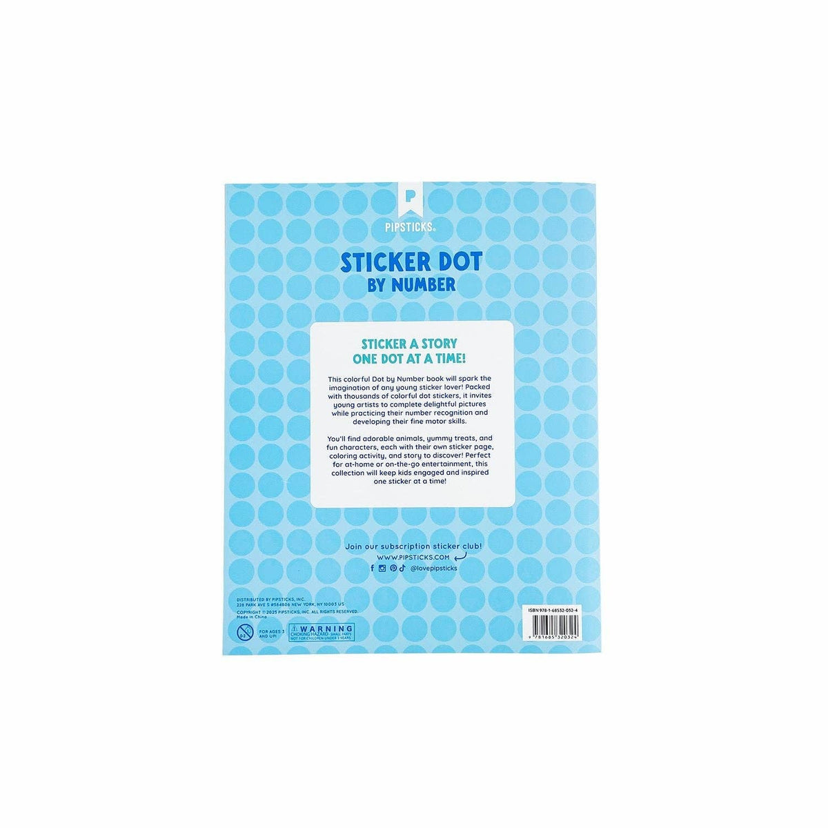 Back cover of a book titled 'Sticker Dot by Number' with blue dot patterns on a white background.