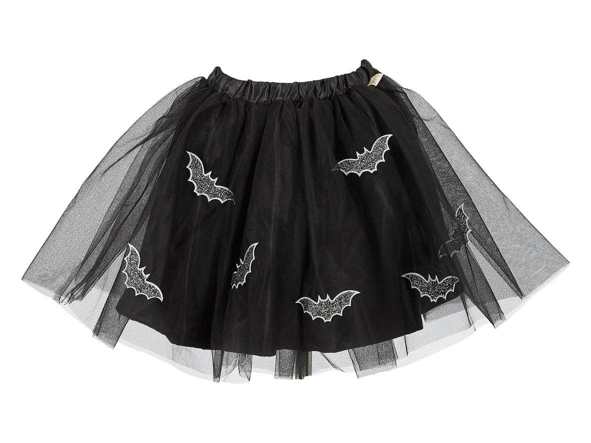 Black tutu skirt with white bat designs on a white background
