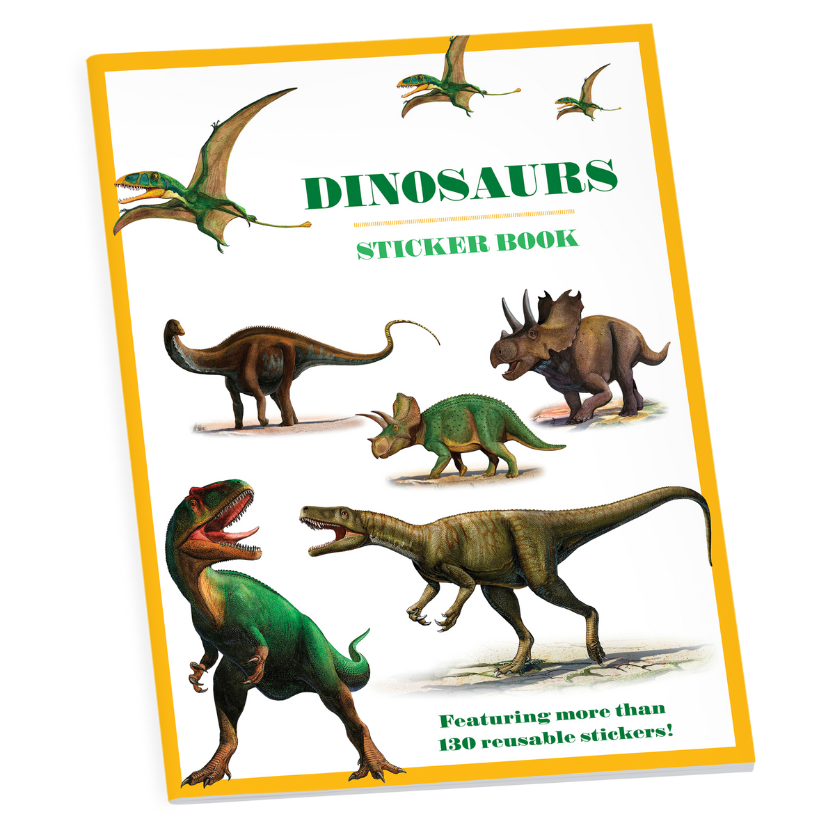 Dinosaurs sticker book with illustrations of various dinosaurs on a white background