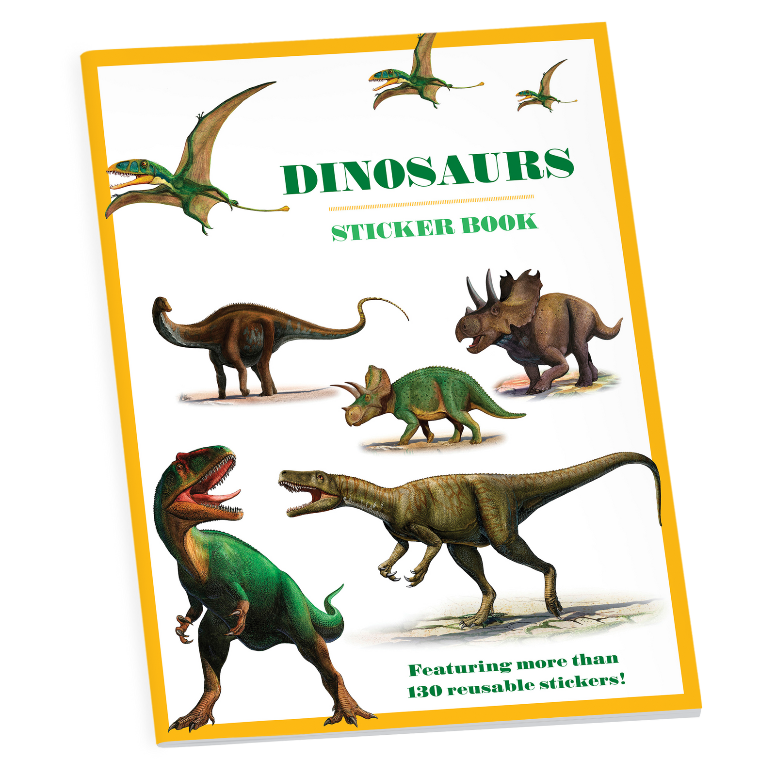 Dinosaurs sticker book with illustrations of various dinosaurs on a white background