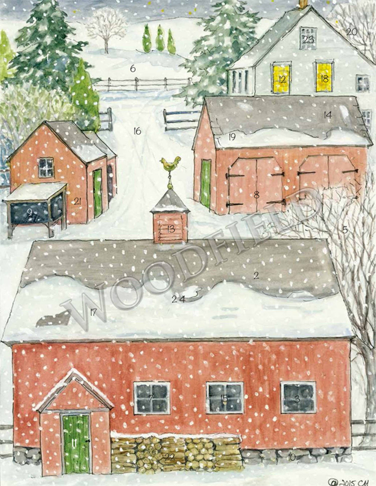 Illustration of a snowy village with houses and barns, featuring the Woodstock logo.