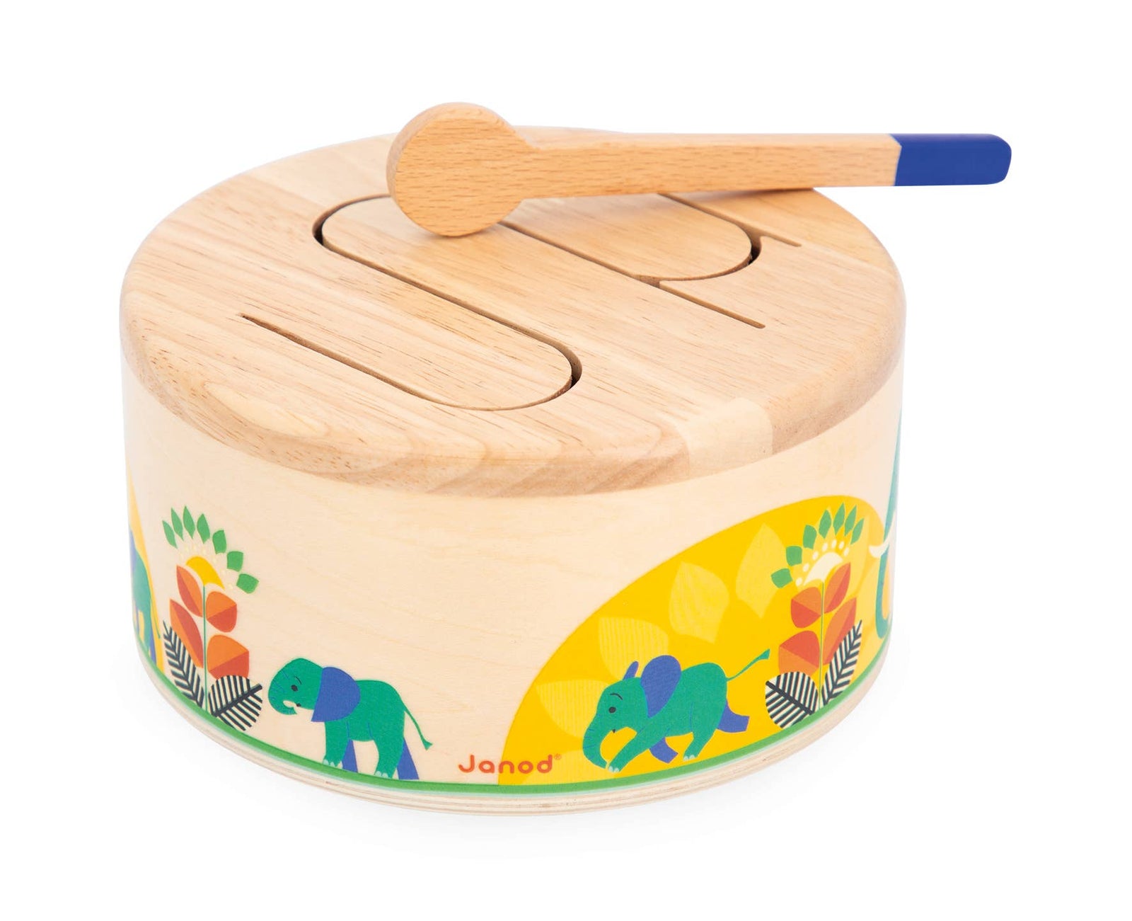 Wooden drum with colorful design and elephant illustrations on a white background
