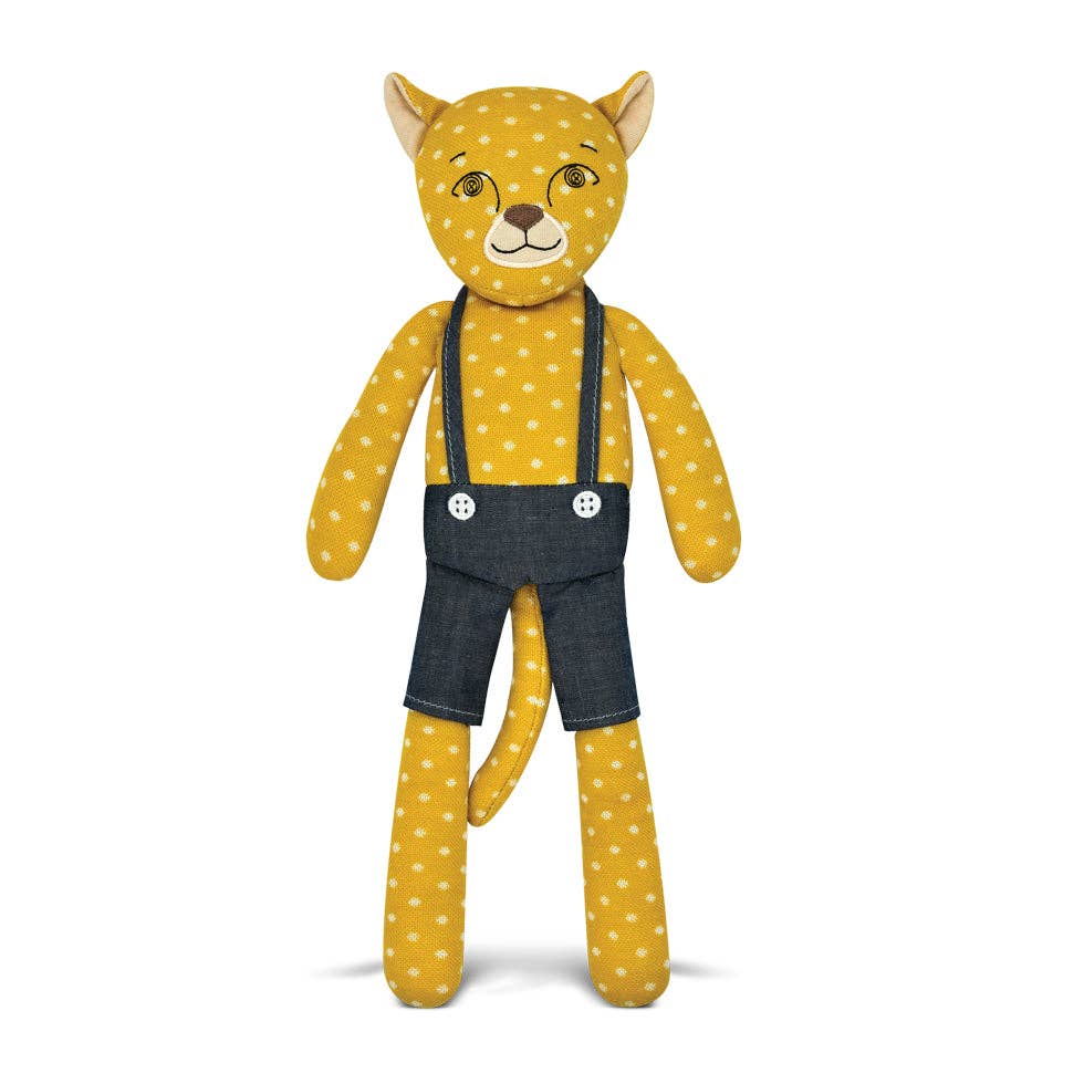 Stuffed toy cat with yellow polka dot pattern and denim overalls on a white background