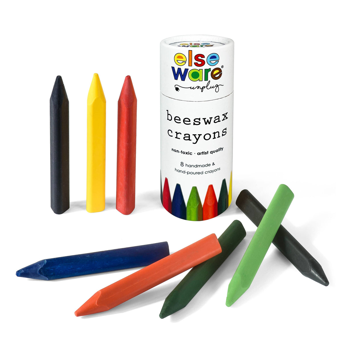 Set of colorful beeswax crayons with a cylindrical container labeled &#39;else ware&#39; on a white background.