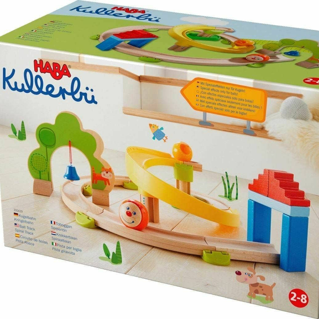 HABA Kullerbü toy packaging with colorful wooden track set illustration