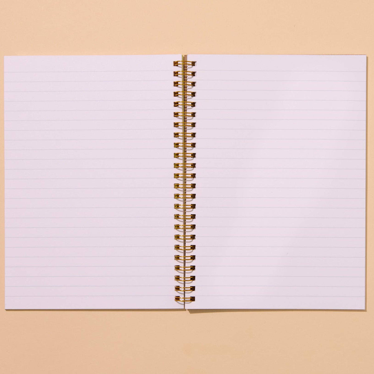 An open lined spiral notebook with gold-toned wire binding, centered on a warm beige background.