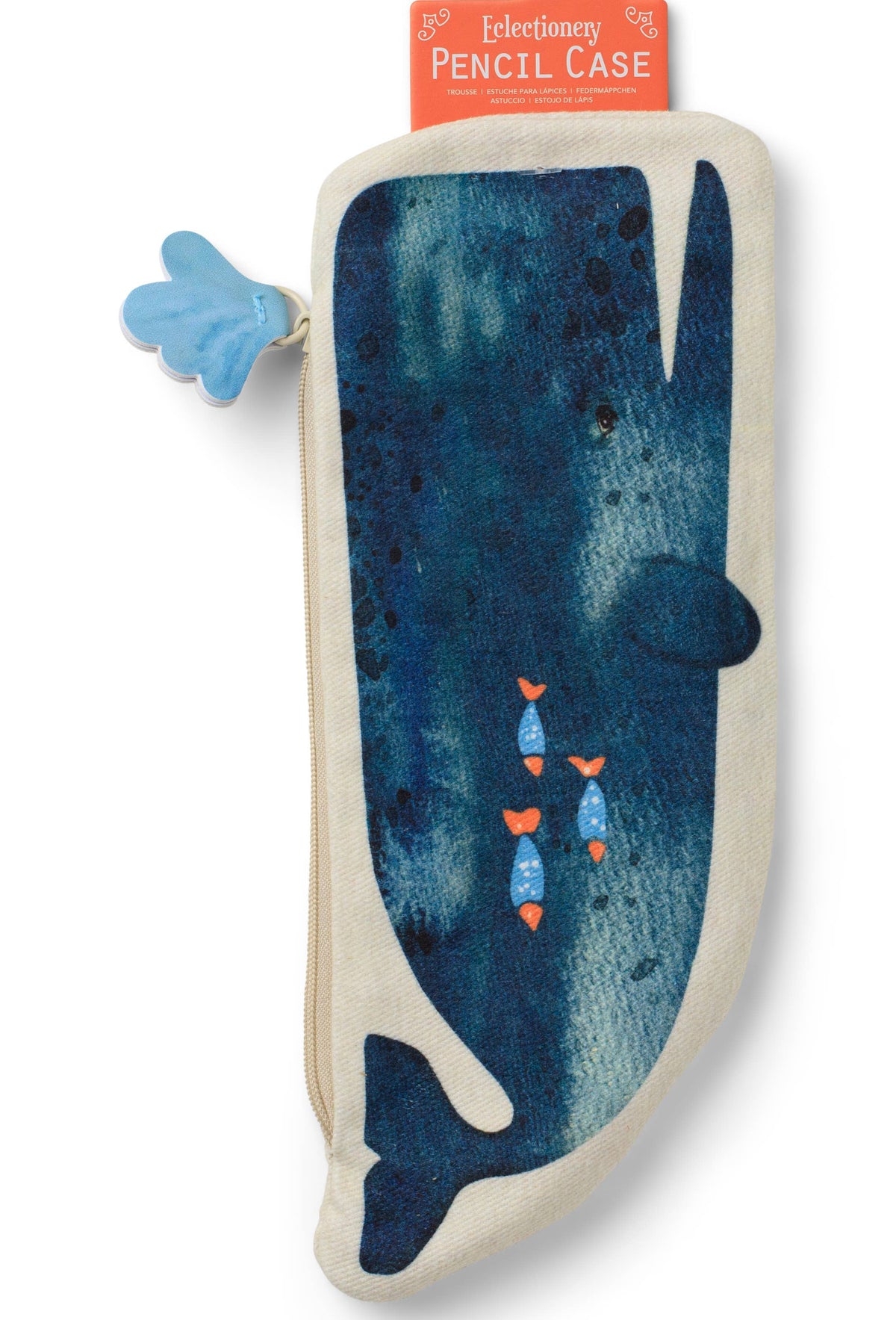 Pencil case shaped like a whale with blue design on a white background